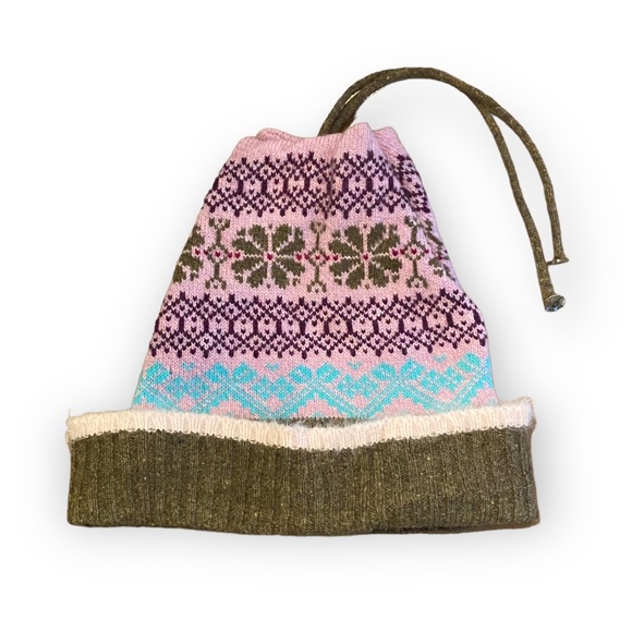 Renaud England Fair Isle Knit Beanie Hat Tassels Lambswool Angora Pink Brown - Picture 1 of 9